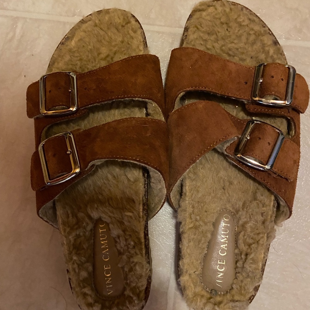 Vince Camuto fuzzy sandals.